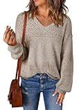 SHEWIN Womens Fall Fashion Crochet Sweaters Casual Lightweight Long Sleeve Hollow Out Sweater Tops V Neck Cable Knit Pullover Jumper Fall Outfits for Women 2025, M, Brown