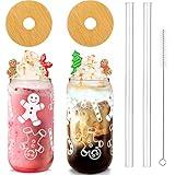 ANOTION Useful White Elephant Gifts for Adults Holiday - New Year Gift 18oz Christmas Coffee Mugs Glass Cups with Lids and Straws Gingerbread Tumbler Drinking Glassware Drinkware Gifts for Women