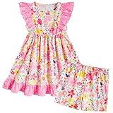 Enlifety 3T 4T Toddler Girl Dress Summer Floral Dresses with Shorts Ruffle Sleeve Playwear 2 Piece Outfit