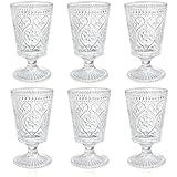 ZAVOOS Set of 6 Clear Glass Goblet, 12 Oz Vintage Romantic Wine Glasses, Embossed Floral Glass Cups Set, Bar Tumbler Drinking Glassware for Iced Tea, Wine, Beer, Juice, Cocktail, Whiskey