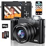 Digital Camera, 6X Optical Zoom & WiFi, 5K 30FPS 64MP Vlogging Camera, Rear and Front Cameras for Photography and Video, Autofocus & Anti-Shake, Travel Selfie for YouTube with Flash Dial 64GB Card