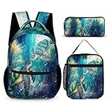 Sea Turtle Backpack with Lunch Box & Pencil Case for Kids Girls Boys School, 16 Inch Cute Sea Turtle Bookbag, School Backpack for Students Children, Lightweight, Large Capacity
