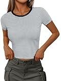Crop Tops for Women 2025 Summer Short Sleeve Striped Shirts Crewneck Slim Fit Blouse Fashion Y2K Tees Grey