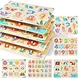 GRINNNIE Wooden Puzzles for Toddlers 1 2 3 Years Old, Montessori Toddler Toys 5PCS Peg Puzzles with Knob - Number, Alphabet, Shape, and Animal, Great Gifts for Boys Girls