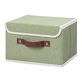 ANMINY Storage Bin with Lid Storage Boxes with PU Leather Handles PP Plastic Board Decorative Foldable Lidded Cotton Linen Fabric Home Cubes Baskets Closet Organizer Container - Green, Small Size