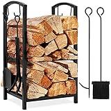 Best Choice Products 5-Piece Indoor Outdoor Wrought Iron Firewood Log Storage Rack Holder Firepit Tools Set for Fireplace, Fire Pit, Stove w/Hook, Broom, Shovel, Tongs - Black