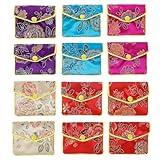12 Pcs Jewelry Silk Purse Pouch Gift Bags, 3" x 2.7" Travel Jewelry Case and Organizer Chinese Silk Style Brocade Embroidered Bag with Zipper or Women, Multiple Colors