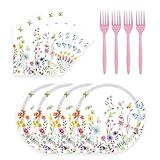 KFJBPB 72 Pcs Wildflower Paper Plates and Napkins Party Supplies, Floral Party Plates and Napkins Tableware Set for Spring Summer Picnic Wedding Birthday Baby Shower Tea Party Decorations Serves 24