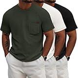 Ficerd 3 Pack Men's Waffle T-Shirts Plus Size Crew Neck Short Sleeve Tees Casual Summer Knit Shirts with Pocket(Army Green, Cream White, Black,4X-Large)