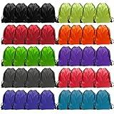 GoodtoU 40 Pack Drawstring Backpacks Bulk - Waterproof Nylon Cinch Bags for School, Gym, Homeless Care Packages (10 Colors) - Lightweight Reusable Sports Sack for Kids & Adults
