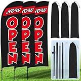 Buryeah 3 Sets Now Open Feather Flag Pole Kit for Business Advertising 7 ft Open Flag Banner Sign with Pole Kit Ground Stake and Portable Bag for Outside Ground (Black)
