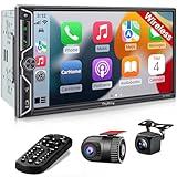 [QLED Screen Upgrade] 7" Double Din Car Stereo with Dash Cam, Wireless Apple CarPlay and Android Auto, Bluetooth 5.3, 240W 4.2-Channel Audio Output, MirrorLink, Backup Camera, AM/FM Car Radio