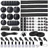 N NOROCME Cord Management Organizer Kit 4 Cable Sleeve Split with 41Self Adhesive Clips Holder, 10pcs and 2 Roll Self tie 100 Fastening Ties for TV Office Car Desk Home Black