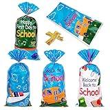 Sixberry Back to School Goodie Bags Supplies, 100 Pcs Clear Cellophane Candy Gift Treat Bags Bulk with Twist Ties for Back to School Party Decorations Welcome Back School Bus Birthday Party Favors