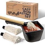 Cast Iron Sauce Pot with BBQ Mop Brush – Small Cast Iron Basting Pot & Mop Brush for Grilling, Smoking, and Saucing – BBQ Mop Brushes for Sauce, 24 Oz