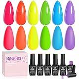 Beetles Neon Gel Nail Polish Set, Summer Gel Polish Kit 6 Colors Hot Pink Orange Yellow Green Blue Purple Soak Off UV Nail Lamp Design Manicure Gift for Women Girls Rainbow Kingdom