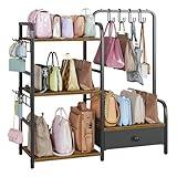 Nuoex Purse Organizer with Purse Hanger and Hooks for Bag Organizer, Floor-Standing 3 Tier Handbag Storage Rack with Drawer for Closet, Home, Living Room, Black