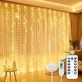 Minetom Curtain Lights, 300 LED Dimmable Fairy Lights with Remote and Timer, 8 Modes, USB Powered String Lights for Room Wall Party Xmas Indoor Decor, Warm White