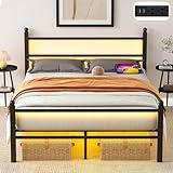 Gohapnis Full Size Bed Frame with Headboard and Footboard,Black Metal Platform Bed Frames with LED Lights and USB Charging Station,Heavy Duty Metal Slats,No Box Spring Needed,Sturdy&Noise Free