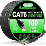 Cat 6 Ethernet Cable 100 ft, Indoor&Outdoor, High Speed 10Gbps Flat Internet Network Cable, Cat6 Ethernet Patch Cable Long, Computer LAN Cable with Free Clips & Straps for Router, Modem, PS4/5, Black