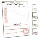 Decorably 52 Minimal Pink Undated Magnetic Meal Prep Planner and Grocery List with Strong Magnets, 7x10in Spring-Bound Magnetic Weekly Meal Planner with Snacks