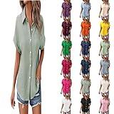 Button Up Short Sleeve Shirts for Women Casual Ladies Shirt Collared Loose Fit V Neck Solid Color Summer Blouse Tops A-Green