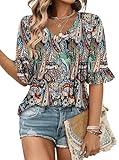 StunShow Summer Tops for Women Women Short Sleeve Shirts 3/4 Sleeve Blouses for Women Tunic Tops for Women （Retro Cashew L