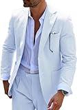 Seersucker Slim Suits Men Formal Summer Beach Wedding Grooms 2 Piece Blazer Pants Party Striped Suit Light Blue L
