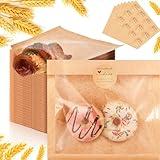Outus 200 Pcs Heat Sealable Cookie Bags with Window 7.1 x 7.5 Inch Grease Resistant Kraft Bakery Pastry Bags with Paper Stickers for Packaging Donut Bread Cookie Goods Sandwich Baked Treat
