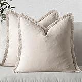 MIULEE Decorative Throw Pillow Covers Neutral Linen Fringe Throw Pillows Set of 2 Natural Beige Boho Farmhouse Cushion Covers with Tassels for Couch Sofa Bed Living Room Spring Home Decor 20x20 Inch