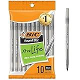 BIC Round Stic Xtra Life Black Ballpoint Pens, Medium Point (1.0mm), 10-Count Pack of Bulk Pens, Flexible Round Barrel for Writing Comfort, No. 1 Selling Ballpoint Pens