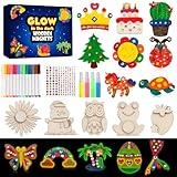 GWAHSA 30pcs DIY Wooden Magnets, Glow in The Dark Wooden Art Craft Supplies Painting Kit for Kids Activities Party Favors for Boys Girls Ages 4-8 8-12 Birthday Gifts Toys Pinata Goodie Bags Stuffers