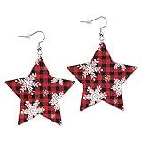 Swono Snowflakes and Buffalo Plaid Leather Earrings Winter Festive Retro Texture Christmas Freeze Frost Pattern Star Faux Leather Earring Lightweight Dangle Drop Earrings for Women
