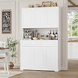 FACBOTALL 74" Pantry Cabinet, Tall Kitchen Pantry Cabinet with 6 Doors and 2 Drawers, Kitchen Hutch with Wide Countertop, Modern Kitchens Cupboard with Adjustable Shelves and Charge Holes, White