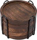 SAMHITA Mango Wood Coasters for Drinks with Iron Holder Stand Set of 5 for Countertop and Surfaces from Water Marks or Damage (4.5 x 4.5 x 0.5)