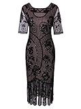 Vijiv Women Vintage Style 1920s Dresses Inspired Beaded Cocktail Flapper Dress for Wedding Gatsby Party with Sleeves Black Beige