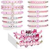Huquary 36 Pcs Breast Cancer Awareness Beaded Bracelets Set 12 Pink Ribbon Bracelets Gift Bulk with Pin, 12 Card, 12 Mesh Bags for Women Sister Charity Fundraiser Campaign Inspirational Support Gifts