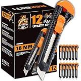REXBETI 12-Pack Utility Knife, Retractable Box Cutter for Cartons, Cardboard and Boxes, 18mm Wider Razor Sharp Blade, Smooth Mechanism, Perfect for Office and Home use