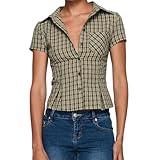 Womens Y2k Plaid Button Down Shirt Vintage Short Sleeve Collared Slim Gingham Coquette Blouse Going Out Preppy (B-02, S)
