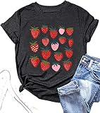 Women Strawberry Shirts Cute Fruit Lover Gardening Tee Farmer Gardener Gifts Tops Summer Casual Short Sleeves-Dark Grey XL