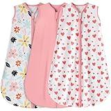 BSTOPPT 3 Pack Baby Sleep Sack 0-6 Months 100% Rayon Cotton Baby Sleeping Bag 2-Way Zipper Toddler Wearable Blankets Comfy Stretchy Lightweight TOG 0.3 （Heart&Pink&Floral）