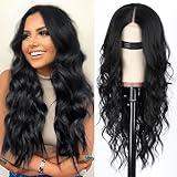 AISI HAIR Black Wig for Women, Long Wavy Lace Hairline Middle Part Synthetic Heat Resistant Wig for Daily Party-26 Inch