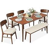 Best Choice Products 6-Piece Wooden Dining Set, Mid-Century Modern Table & Upholstered Chair Set w/Bench Seat, Rubberwood Legs - Walnut/Cream