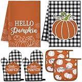 Leinuosen 6-Pack Thanksgiving Set with Pumpkin Dish Towel, Pot Holders and Oven Mitts for Gifting, Baking and Cooking