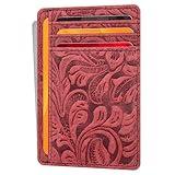 Slim Leather Wallet For Him And Her | Chic And Trendy | Flower Pattern | RFID Protected | Travel Friendly | Compact | Red
