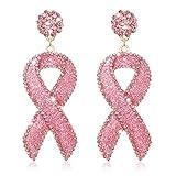 Glitter Rhinestone Pink Ribbon Drop Earrings Beaded Breast Cancer Awareness Earrings Jewelry for Women Breast Cancer Survivor Support Jewelry Gifts (Glitter rosy)
