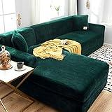 Velvet L Shape Sofa Cover,Stretch Sofa Slipcover for Living Room,Washable Sustainable Sectional Couch Covers Furniture Covers Dark Green Loveseats 145~185cm(57~73inch)