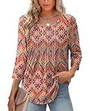 XIEERDUO Womens 3/4 Length Sleeve Tops 2025 Summer Round Neck Tunic Tops To Wear with Leggings Pleated Shirts Fall Fashion Clothing Beach Vacation Clothes F-Boho XL
