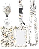 Uniclife Floral Sliding Badge Holder White Flower Plastic Case with Retractable Badge Reel Carabiner Clip & Detachable Lanyard Strap Fashionable Vertical Card Protector for Women Nurse Teacher Student