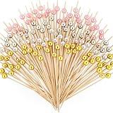 200 Cocktail Picks, Decorative Pearl Fancy Toothpicks for Appetizers, 4.7 IN Long Bamboo Skewers Wood Garnish Sticks for Food Drink Fruit Party Charcuterie Boards Accessories (Gold/White/Pink/Silver)